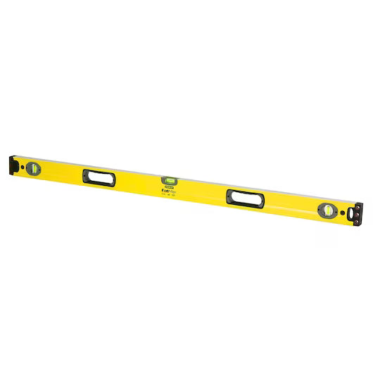 The STANLEY® FATMAX® Aluminum Box Beam Level 1200mm features a yellow body, black end caps, and three bubble vials—ideal for precise horizontal and vertical alignment in construction or DIY projects.