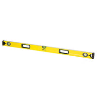 The STANLEY® FATMAX® Aluminum Box Beam Level 1200mm features a yellow body, black end caps, and three bubble vials—ideal for precise horizontal and vertical alignment in construction or DIY projects.