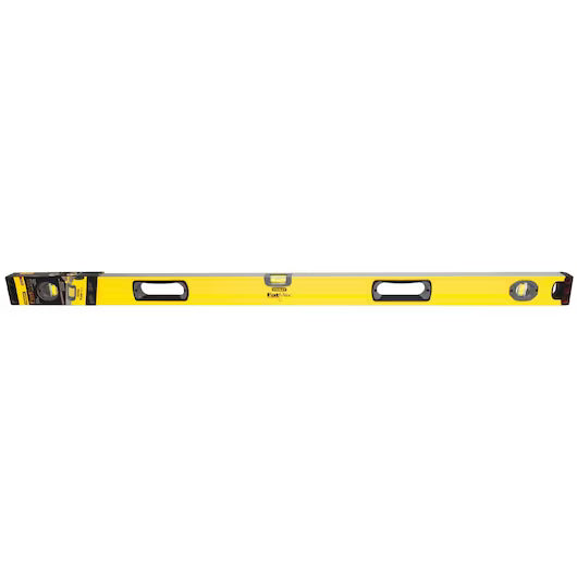 The STANLEY® FATMAX® Aluminum Box Beam Level 1200mm is a yellow, professional tool with black ends and three vials, ideal for checking surface alignment.