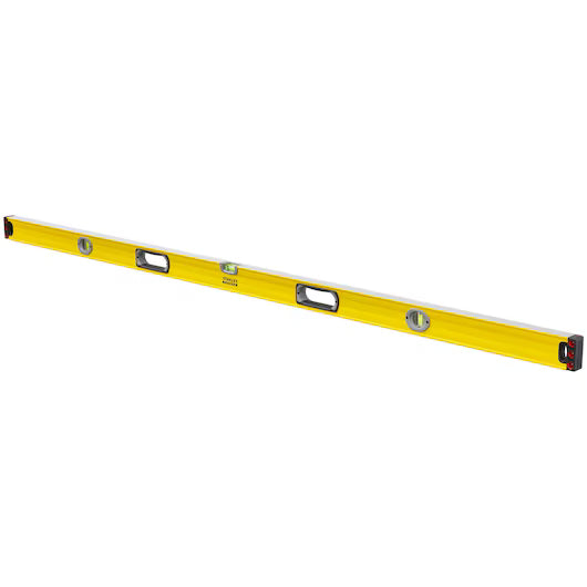 The STANLEY® FATMAX® Box Level 1800mm by STANLEY is a heavy-duty level with three bubble vials and two black-handled grips, designed for precise horizontal and vertical alignment.