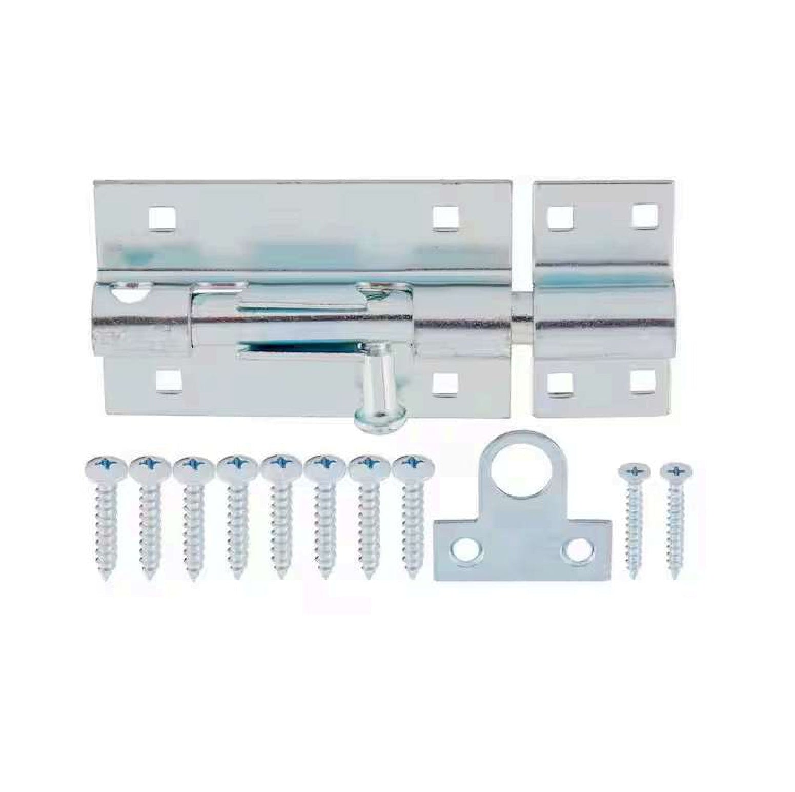 The G FORCE 43035 5 in. Pad-Lockable Barrel Bolt Zinc Plated set includes mounting screws and a matching strike plate, shown neatly arranged on a white background.