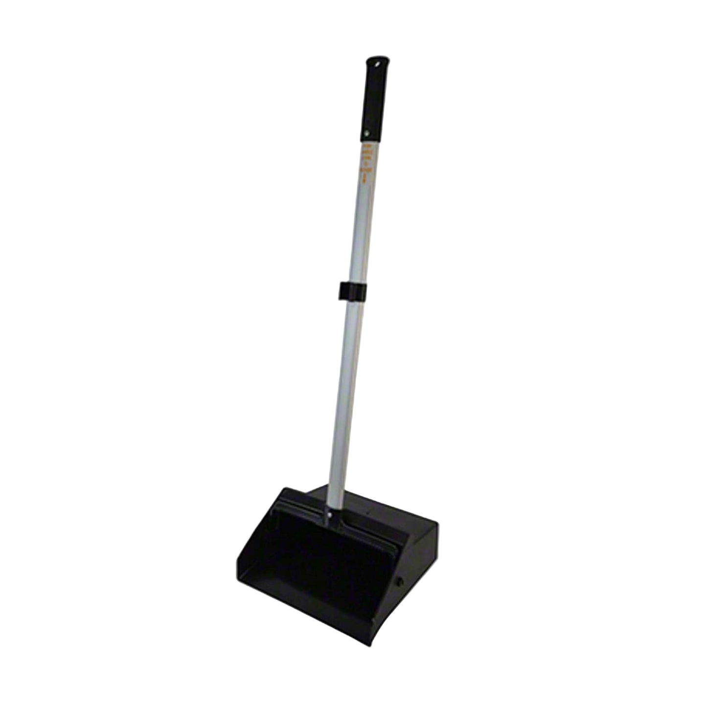 The G-FORCE 44493 12 in. Black Lobby Dust Pan With Handle features a long silver handle with a black grip, making professional-grade cleaning easy and comfortable without bending over—perfect for any setting.