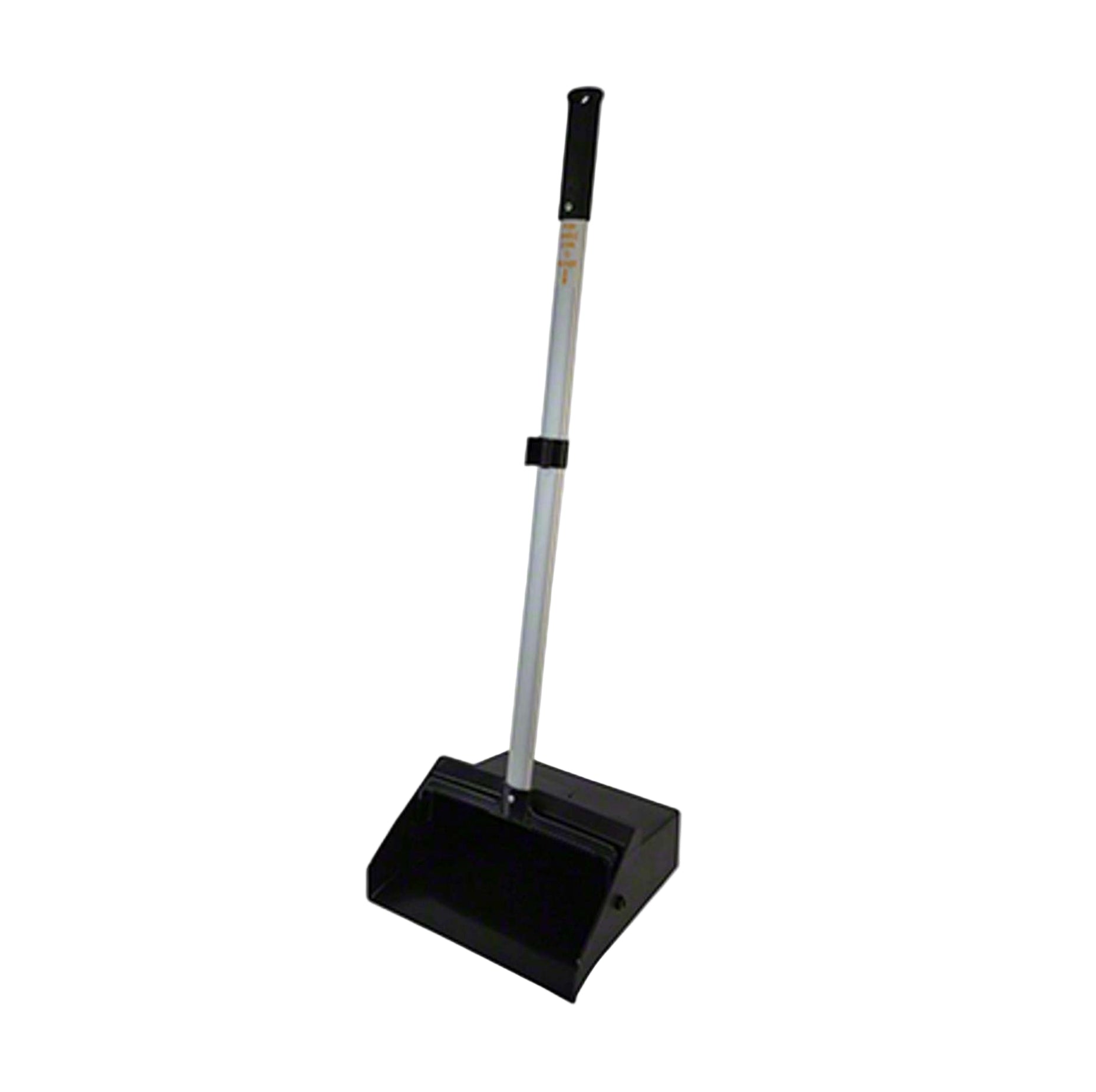 The G-FORCE 44493 12 in. Black Lobby Dust Pan With Handle features a long silver handle with a black grip, making professional-grade cleaning easy and comfortable without bending over—perfect for any setting.