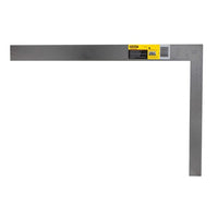 The STANLEY BLUE STEEL RAFTER SQUARE is a silver carpenter’s tool with measurement markings and a yellow Stanley label, ideal for measuring and marking right angles in woodworking and construction.