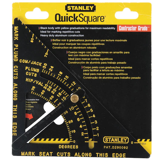 The STANLEY® ALUMINIUM QUICKSQUARE WITH ARM is a black triangular measuring and layout tool with yellow markings for carpentry, featuring measurement guides, a protractor, and marks for plumb and seat cuts.