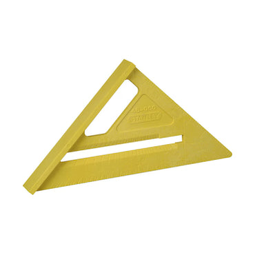 The STANLEY® ABS QUICKSQUARE is a yellow plastic carpenters triangle by STANLEY, featuring measurement markings and a cut-out handle—an essential woodworking tool.