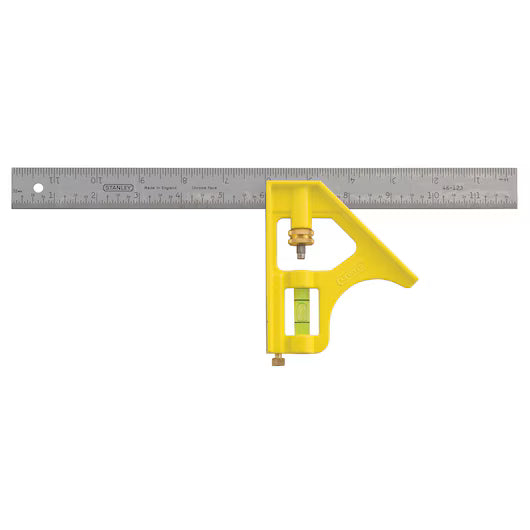 The STANLEY 12 IN COMBINATION SQUARE features a yellow handle, built-in spirit level, and a 12 metal ruler marked in inches and centimeters—an essential woodworking measuring tool.