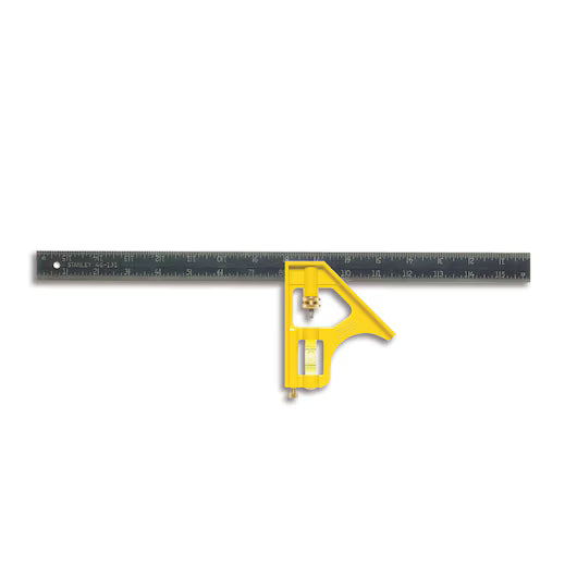 The STANLEY 16 IN BLADE COMBINATION SQUARE METRIC ENGLISH features a yellow handle, black metal blade, and built-in bubble level—ideal for precision measuring in your workshop. Shown against a white background.