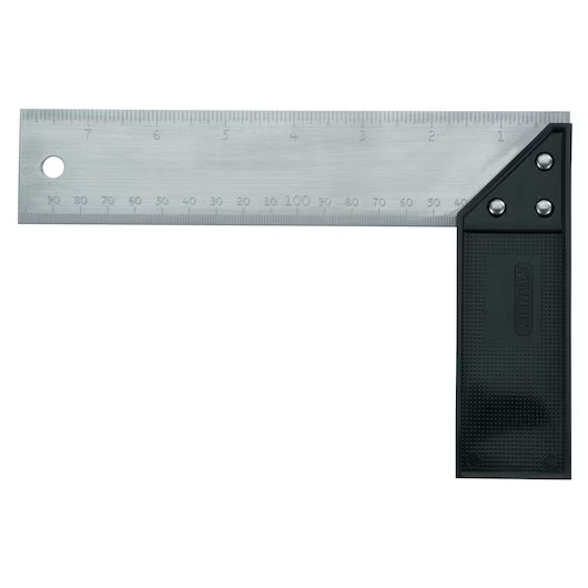 The STANLEY 8 IN ENGLISH TRY/MITRE SQUARE, a classic woodworking tool with a black plastic handle and metal ruler marked in centimeters, is shown on a white background for precise right angle measuring and marking.