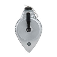 The STANLEY® METAL CHALK LINE REEL 30M/100, by STANLEY, has a teardrop shape, textured edges, and a black handle and knob. Seen from above, the string extends from the top for easy marking.