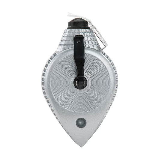 The STANLEY® METAL CHALK LINE REEL 30M/100, by STANLEY, has a teardrop shape, textured edges, and a black handle and knob. Seen from above, the string extends from the top for easy marking.