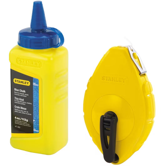 The STANLEY CHALKBOX SET (2 PC) includes a yellow chalk line reel with a black handle and silver clip, plus a yellow bottle of blue chalk powder with a blue cap—ideal marking tools for your projects.