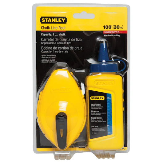 The STANLEY CHALKBOX SET (2 PC) includes a refillable yellow chalk box and blue chalk bottle in plastic packaging with details in English, Spanish, and French.