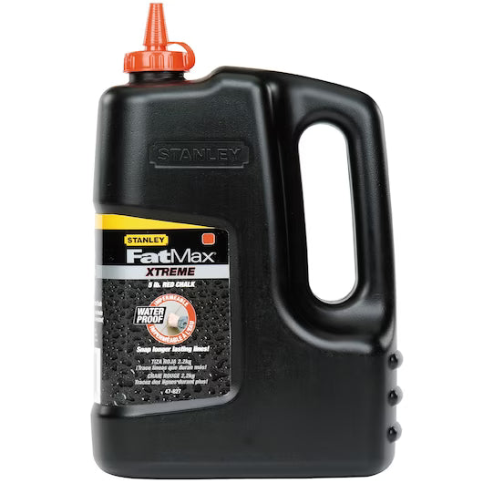 The STANLEY FATMAX XTREME Red Chalk 2.27kg/5lb is a large black plastic bulk container with an orange nozzle and handle, labeled waterproof and designed for snap line marking tasks.