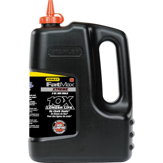 The STANLEY FATMAX XTREME Red Chalk (2.27kg/5lb) features a durable black plastic container with handle and orange spout, providing 10X longer life and no clumping—ideal for bold construction marking tasks.