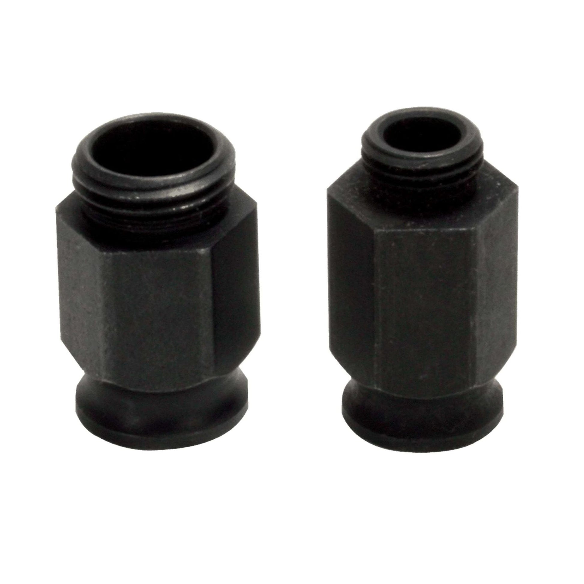 The DIABLO DHSNUT2 Hole Saw Adapter Nuts by Diablo, featuring two black cylindrical threaded adapters with hexagonal bodies and differing heights, are engineered for precision with wider bases and narrower tops. They appear against a plain white background and fit high-performance hole saws.
