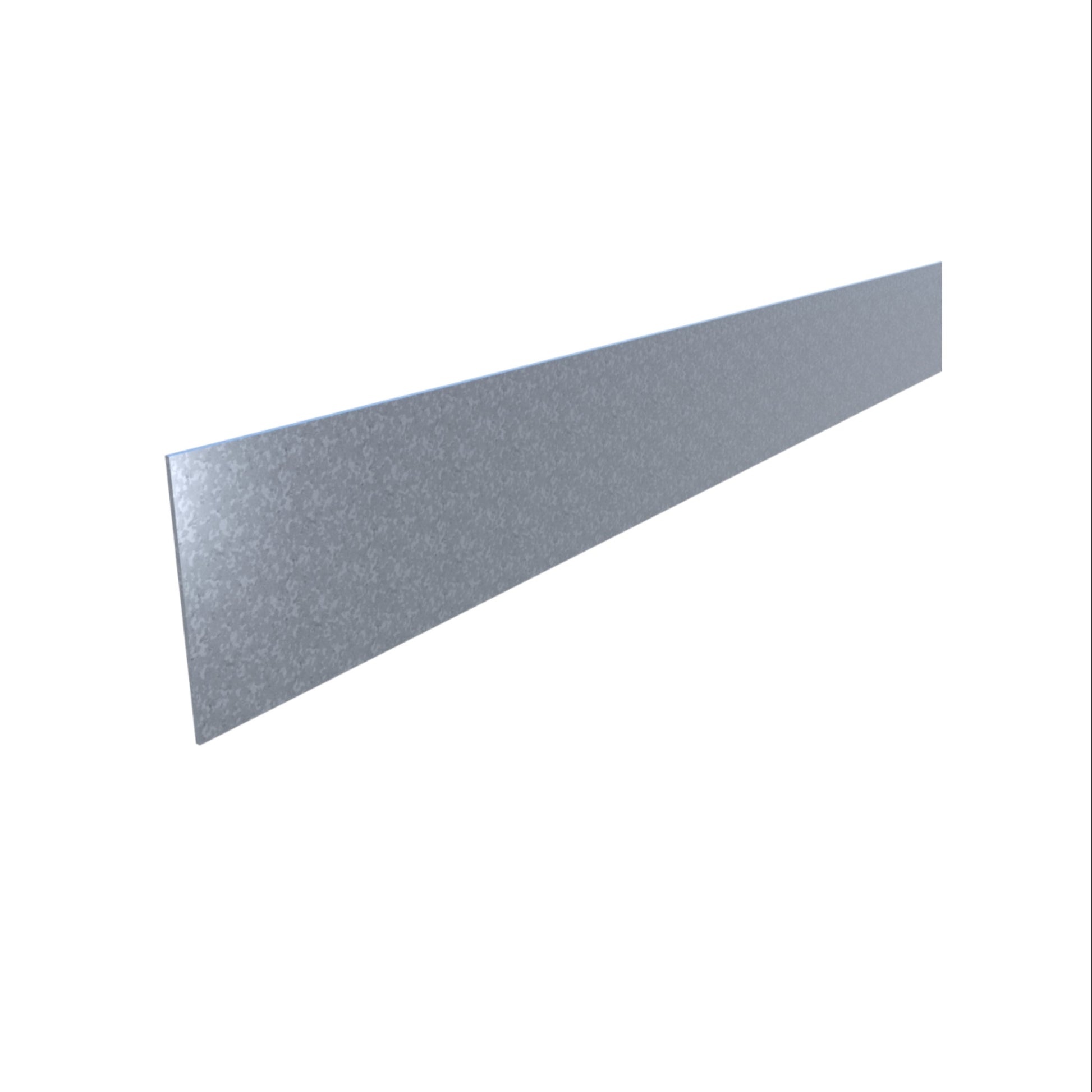 The Go Build 4 in. x 10 ft. Flat Strap 20ga 30mil, a shiny metal strip, lies on a white background—perfect for construction or DIY projects.