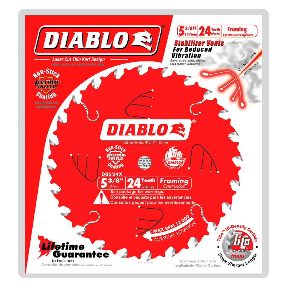 Image of the DIABLO D0524X 5-3/8 in. x 24-Teeth Framing Saw Blade packaging with its distinctive red and white design. Features include a Thin Kerf, TiCo Hi-Density Carbide, reduced vibration, lifetime guarantee, and max RPM of 10,000.