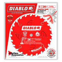 Image of the DIABLO D0524X 5-3/8 in. x 24-Teeth Framing Saw Blade packaging with its distinctive red and white design. Features include a Thin Kerf, TiCo Hi-Density Carbide, reduced vibration, lifetime guarantee, and max RPM of 10,000.