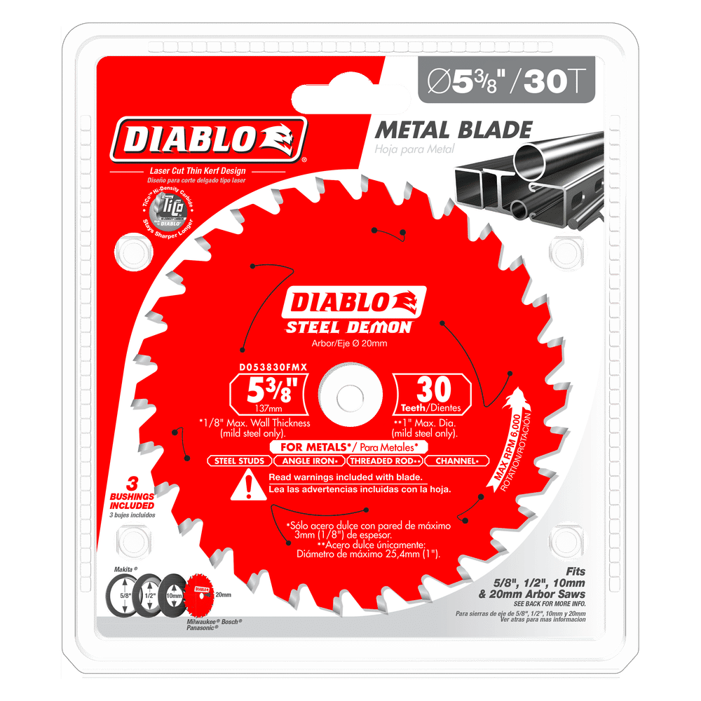 The Diablo D053830FMX 5-3/8 in. x 30-Teeth Steel Demon™ blade features tungsten carbide tips for burr-free cuts on metals. Packaged in bold red and white, icons and text emphasize this outstanding steel saw blade’s attributes.