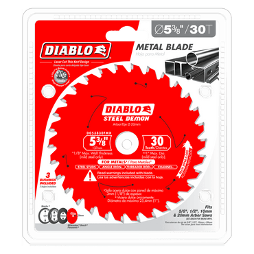 The Diablo D053830FMX 5-3/8 in. x 30-Teeth Steel Demon™ blade features tungsten carbide tips for burr-free cuts on metals. Packaged in bold red and white, icons and text emphasize this outstanding steel saw blade’s attributes.