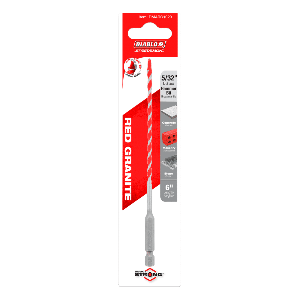 The DIABLO DMARG1020 SPEEDemon 5/32 x 3 x 6 red granite carbide-tipped hammer drill bit package shows images of concrete, brick, and masonry on a white background with red and black text.