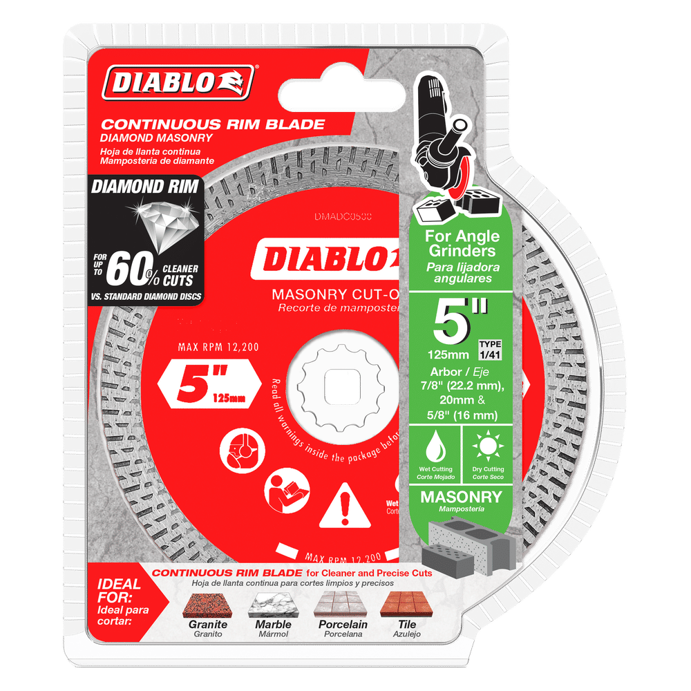 The DIABLO DMADC0500 5 in. Diamond Continuous Rim Masonry Cut-Off Disc by Diablo offers durability and precision, cutting granite, marble, porcelain, and ceramic 60% faster with a max RPM of 12,200. Its packaged in vibrant red with green accents.