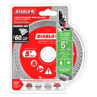 The DIABLO DMADC0500 5 in. Diamond Continuous Rim Masonry Cut-Off Disc by Diablo offers durability and precision, cutting granite, marble, porcelain, and ceramic 60% faster with a max RPM of 12,200. Its packaged in vibrant red with green accents.