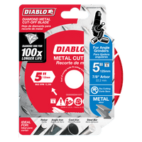The DIABLO DDD050DIA101F 5 Diamond Metal Cut-Off Disc by Diablo is designed for angle grinders, featuring a 5 diameter and up to 12,200 RPM. Its diamond rim ensures extreme durability for long-lasting performance on metal cutting tasks like steel bars and cast iron.