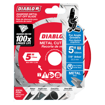 The DIABLO DDD050DIA101F 5 Diamond Metal Cut-Off Disc by Diablo is designed for angle grinders, featuring a 5 diameter and up to 12,200 RPM. Its diamond rim ensures extreme durability for long-lasting performance on metal cutting tasks like steel bars and cast iron.