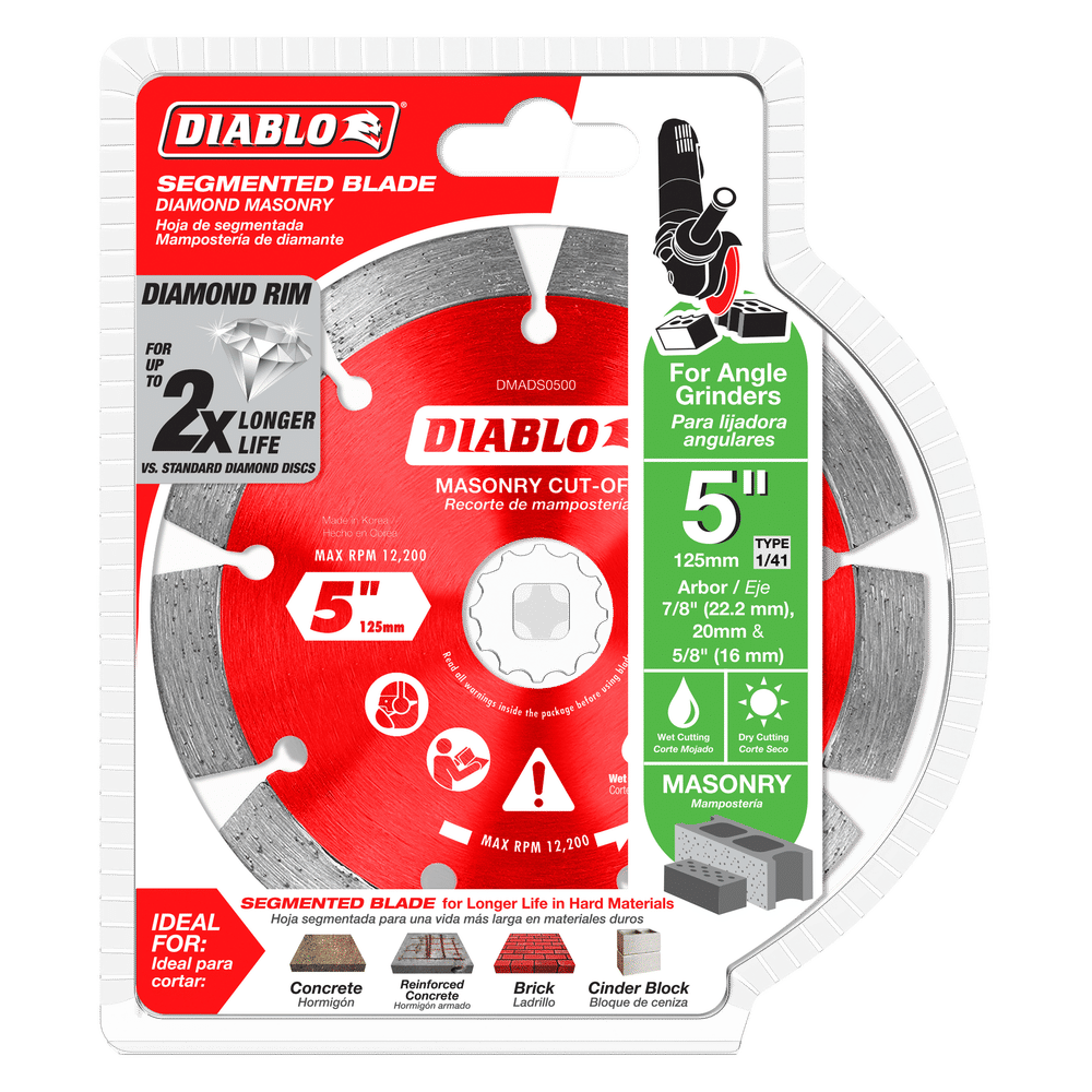 The DIABLO DMADS0500 5 in. Diamond Segmented Masonry Cut-Off Blade is ideal for masonry, offering extreme durability and longer life with a diamond segmented rim. Designed for angle grinders, it has a max RPM of 12,200, a 7/8 arbor with a 5/8 adapter, and features clear usage icons on its red and white design.