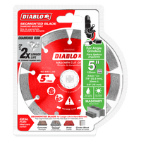 The DIABLO DMADS0500 5 in. Diamond Segmented Masonry Cut-Off Blade is ideal for masonry, offering extreme durability and longer life with a diamond segmented rim. Designed for angle grinders, it has a max RPM of 12,200, a 7/8 arbor with a 5/8 adapter, and features clear usage icons on its red and white design.