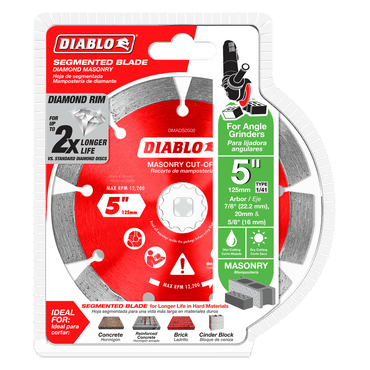 The DIABLO DMADS0500 5 in. Diamond Segmented Masonry Cut-Off Blade is ideal for masonry, offering extreme durability and longer life with a diamond segmented rim. Designed for angle grinders, it has a max RPM of 12,200, a 7/8 arbor with a 5/8 adapter, and features clear usage icons on its red and white design.