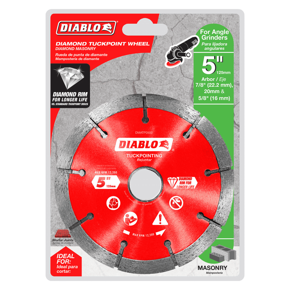 The DIABLO DMATP0500 5 in. Diamond Tuck Point Masonry Disc by Diablo is a red diamond-rimmed blade, ideal for angle grinders. It features a 5-inch diameter and 7/8-inch arbor, perfect for mortar joint removal and cutting through masonry and hardened materials.
