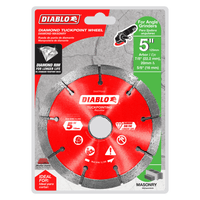 The DIABLO DMATP0500 5 in. Diamond Tuck Point Masonry Disc by Diablo is a red diamond-rimmed blade, ideal for angle grinders. It features a 5-inch diameter and 7/8-inch arbor, perfect for mortar joint removal and cutting through masonry and hardened materials.