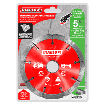 The DIABLO DMATP0500 5 in. Diamond Tuck Point Masonry Disc by Diablo is a red diamond-rimmed blade, ideal for angle grinders. It features a 5-inch diameter and 7/8-inch arbor, perfect for mortar joint removal and cutting through masonry and hardened materials.