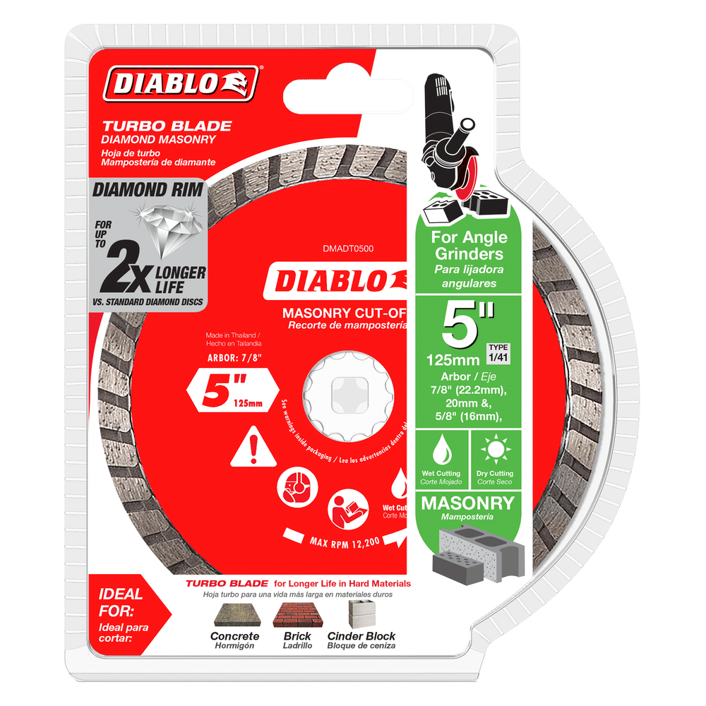 The DIABLO DMADT0500 5 in. Diamond Turbo Masonry Cut-Off Disc by Diablo is a red and silver circular blade for angle grinders, designed for superior cutting life on materials like concrete, brick, and cinder block.