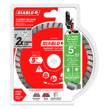 The DIABLO DMADT0500 5 in. Diamond Turbo Masonry Cut-Off Disc by Diablo is a red and silver circular blade for angle grinders, designed for superior cutting life on materials like concrete, brick, and cinder block.