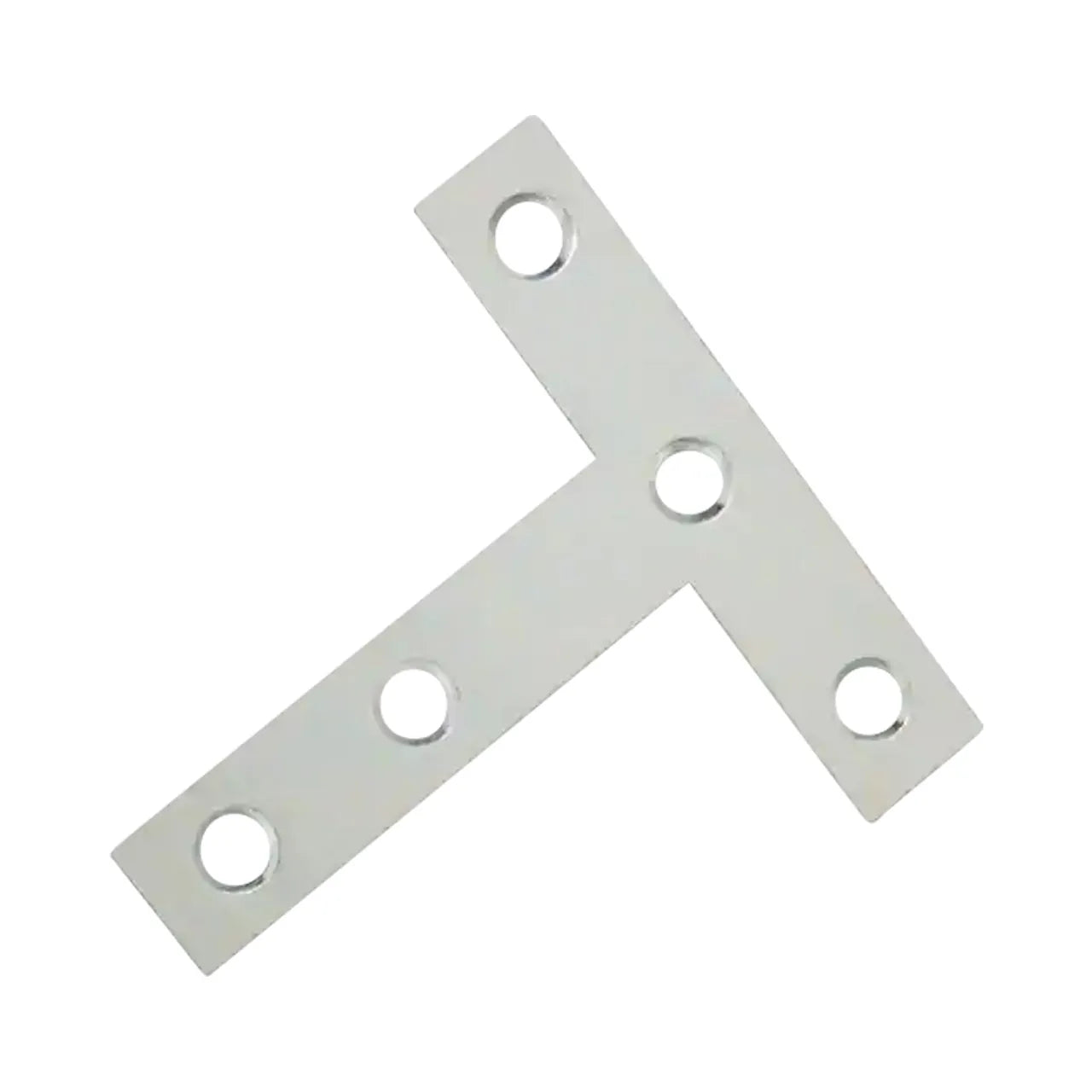 The Go Build 5 in. x 5 in. Zinc Plated T-Plate features five circular holes for joining surfaces at a right angle in furniture construction, ideal for reinforcement projects. Brand: The Fastest Way To Build.
