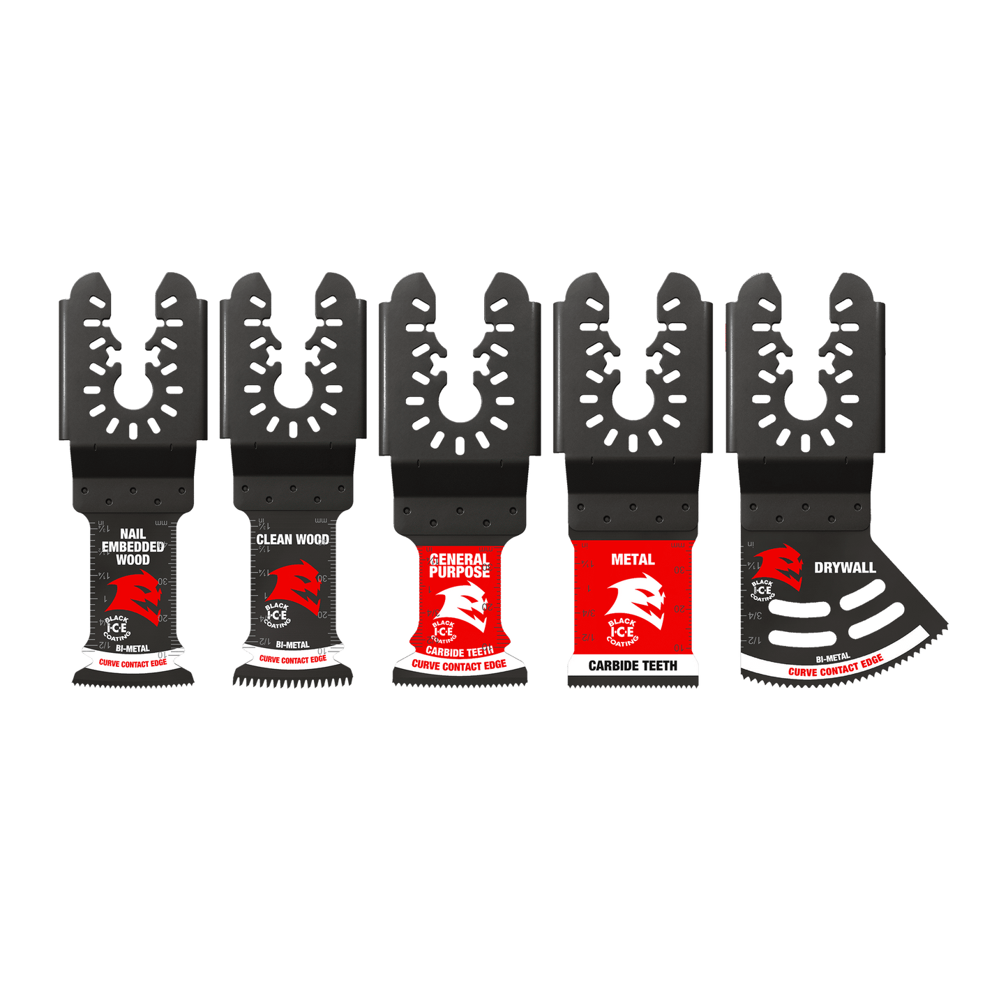 The Diablo DOU5S 5-Piece Universal Fit General Purpose Oscillating Blade Set includes blades for Nail Embedded Wood, Clean Wood, General Purpose, Metal, and Drywall. Each high-performance TiCo Hi-Density carbide blade features unique shapes and clear labels for universal compatibility.