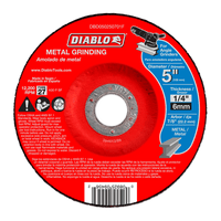 The DIABLO DBD050250701F is a 5 x 1/4 x 7/8 metal grinding disc with a red label, premium aluminum oxide, and type 27 classification. Designed for up to 12,200 RPM angle grinders, its perfect for metal applications and includes English and Spanish text.