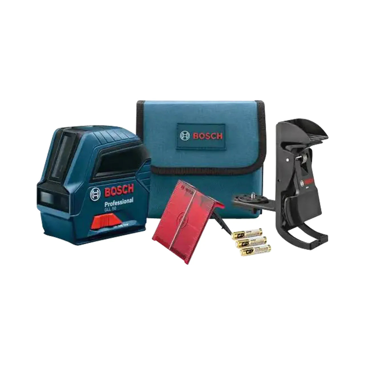 A Go Build 50 ft. Cross Line Laser Level Kit with self-leveling VisiMax technology, L-bracket adjustable mount, hard carrying case, and accessories is shown on a white background.