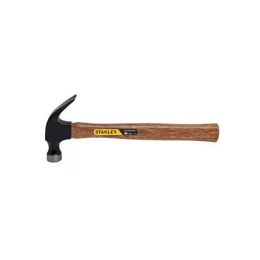The 16 OZ CURVED CLAW WOOD HANDLE NAILING HAMMER by STANLEY features a wooden handle, black metal head, and yellow brand label. It is shown horizontally on a white background.