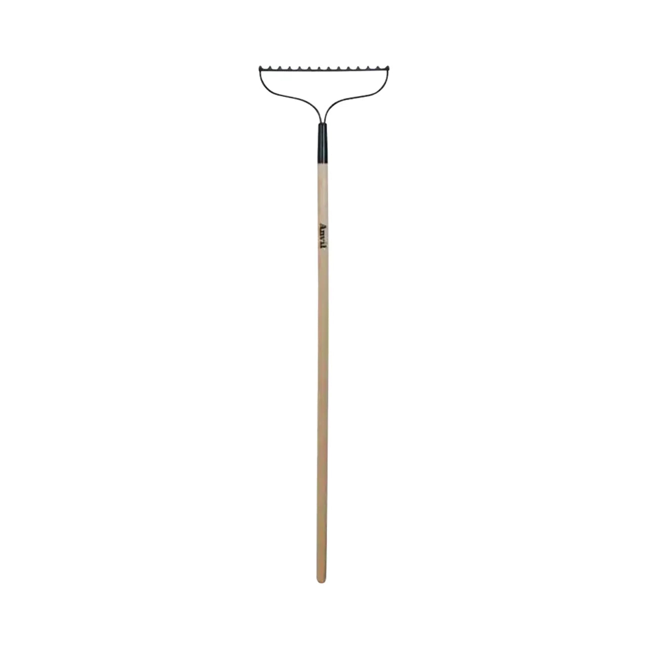 The Go Build 51 in. Wood Handle Steel 14-Tine Bow Rake features a long wood handle and black metal head with 14 evenly spaced tines, shown against a plain white background. Brand: The Fastest Way To Build.