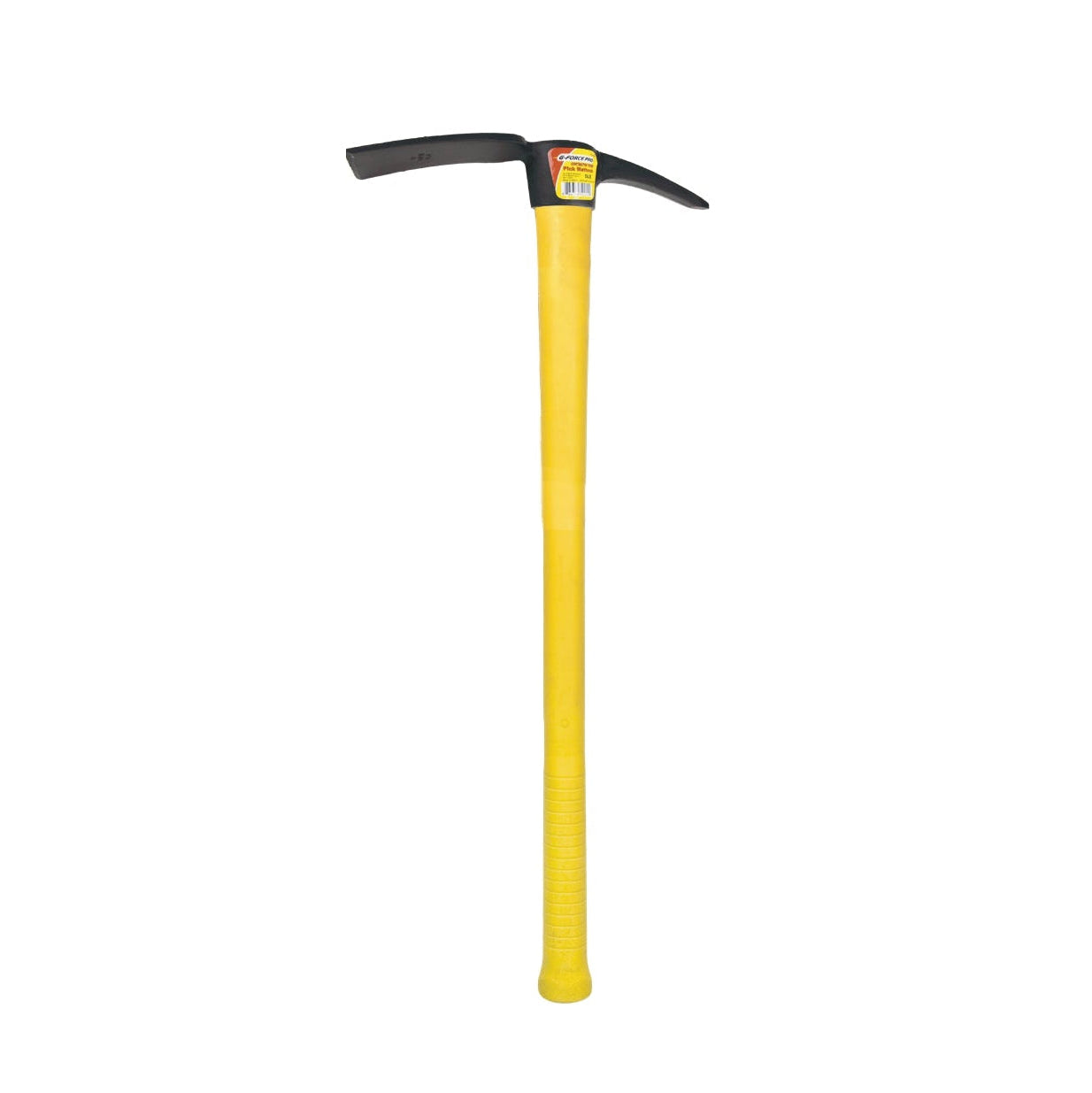 The G FORCE 52065 5 lb. Pick Mattock features a yellow fiberglass handle and a black double-sided head—one flat, one pointed—shown against a white background.