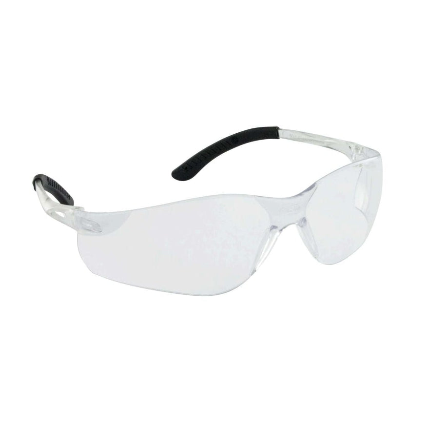 The SAS 5330 Clear Lens NSX Turbo Lightweight Wrap Around Safety Glasses feature anti-fog clear lenses and black temples on a white background, providing reliable eye protection.