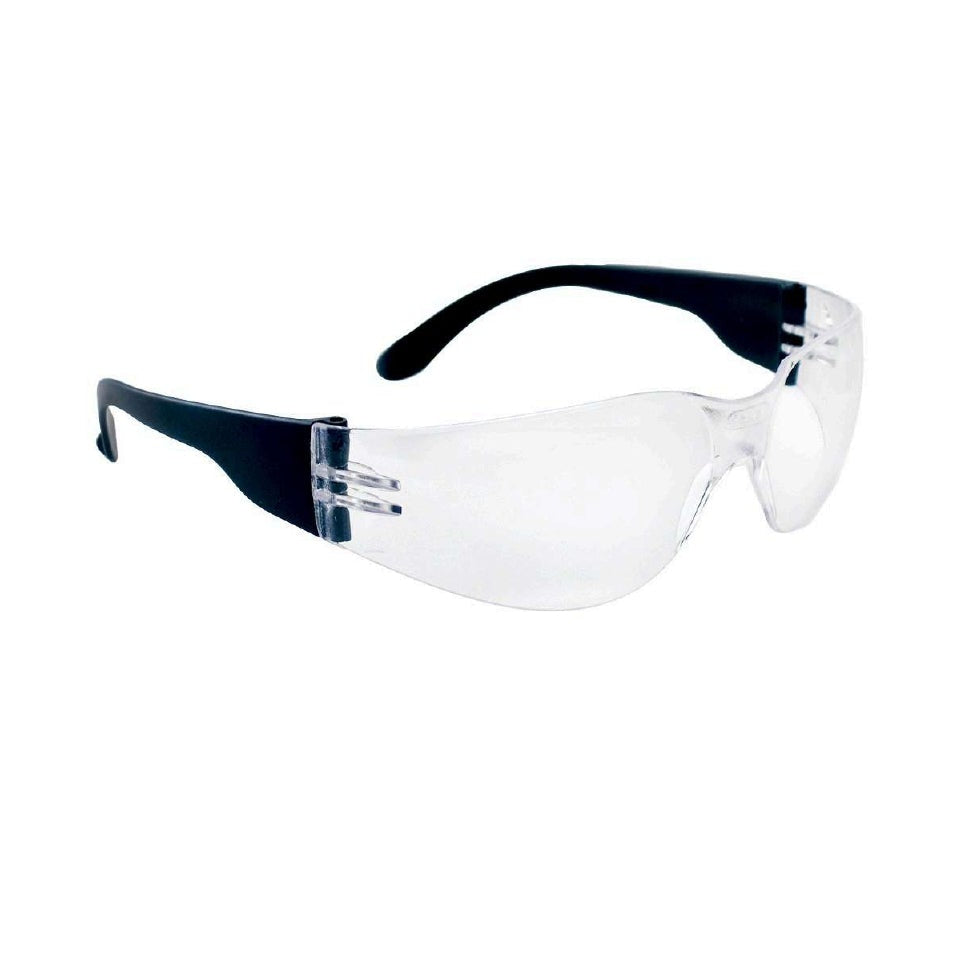 SAS 5340 Clear NSX Wrap Around Safety Glasses by SAS, featuring anti-fog lenses, black arms, and UV protection, displayed on a white background.