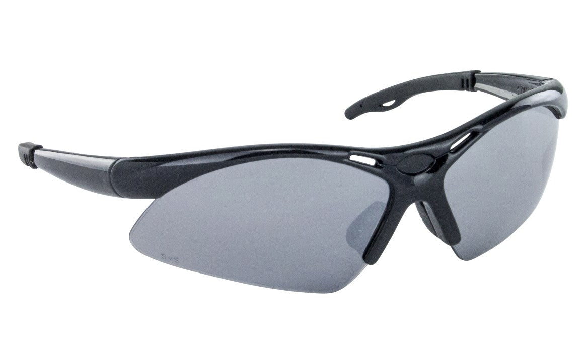 SAS Diamondbacks Safety Eyewear Smoked Glass by SAS features black frames, large wraparound smoked lenses, and curved arms for a secure fit. These sunglasses offer UV protection, making them ideal for enhanced safety and comfort.