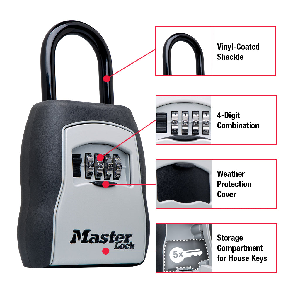 The MASTER LOCK 5400D Portable Key Safe by Master Lock features a vinyl-coated shackle, 4-digit combination dial, weather cover, and a compartment that holds up to 5 house keys.