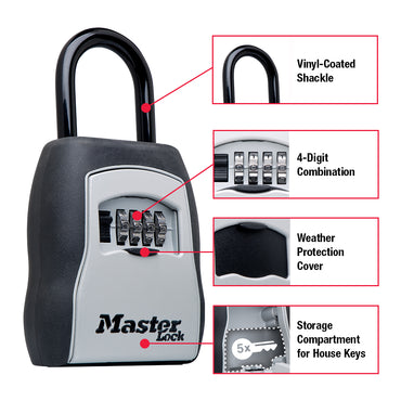 The MASTER LOCK 5400D Portable Key Safe by Master Lock features a vinyl-coated shackle, 4-digit combination dial, weather cover, and a compartment that holds up to 5 house keys.